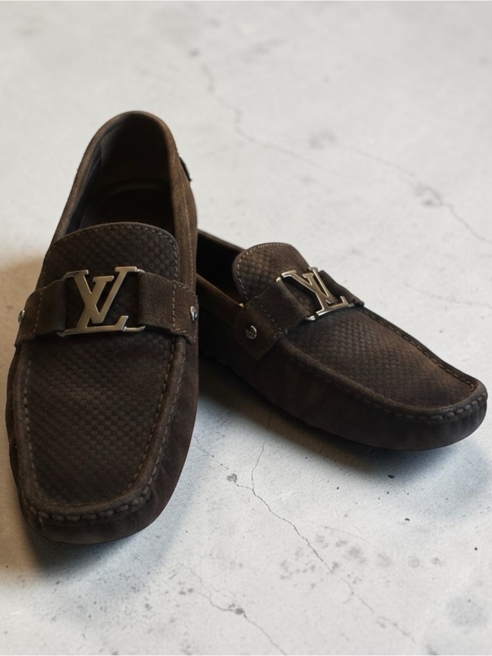Louis Vuitton Dark Brown Suede LV Buckle Loafers Sz: 10